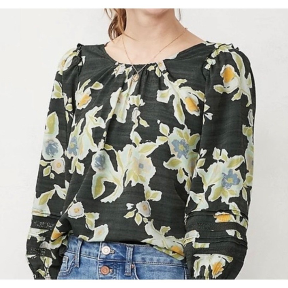 LC Lauren Conrad Womens Plus 1X Floral 3/4 Sleeve Boho Blouse Black Yellow Blue